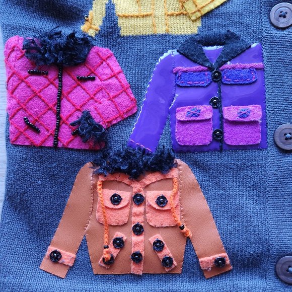 Michael Simon Bead Felt Vinyl Embellished Cardigan Button Cotton Blend Grey - Picture 6 of 9